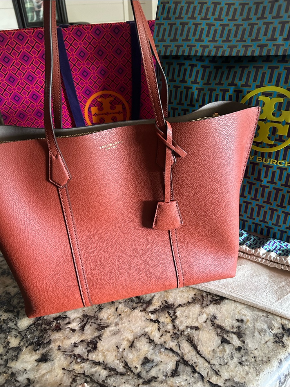Tory Burch Coral-Orange Pebbled Leather Tote